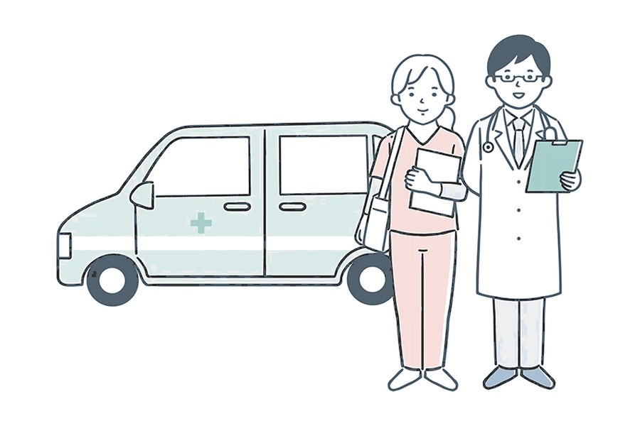 訪問診療の車の横に立つ医師と看護師のイラスト